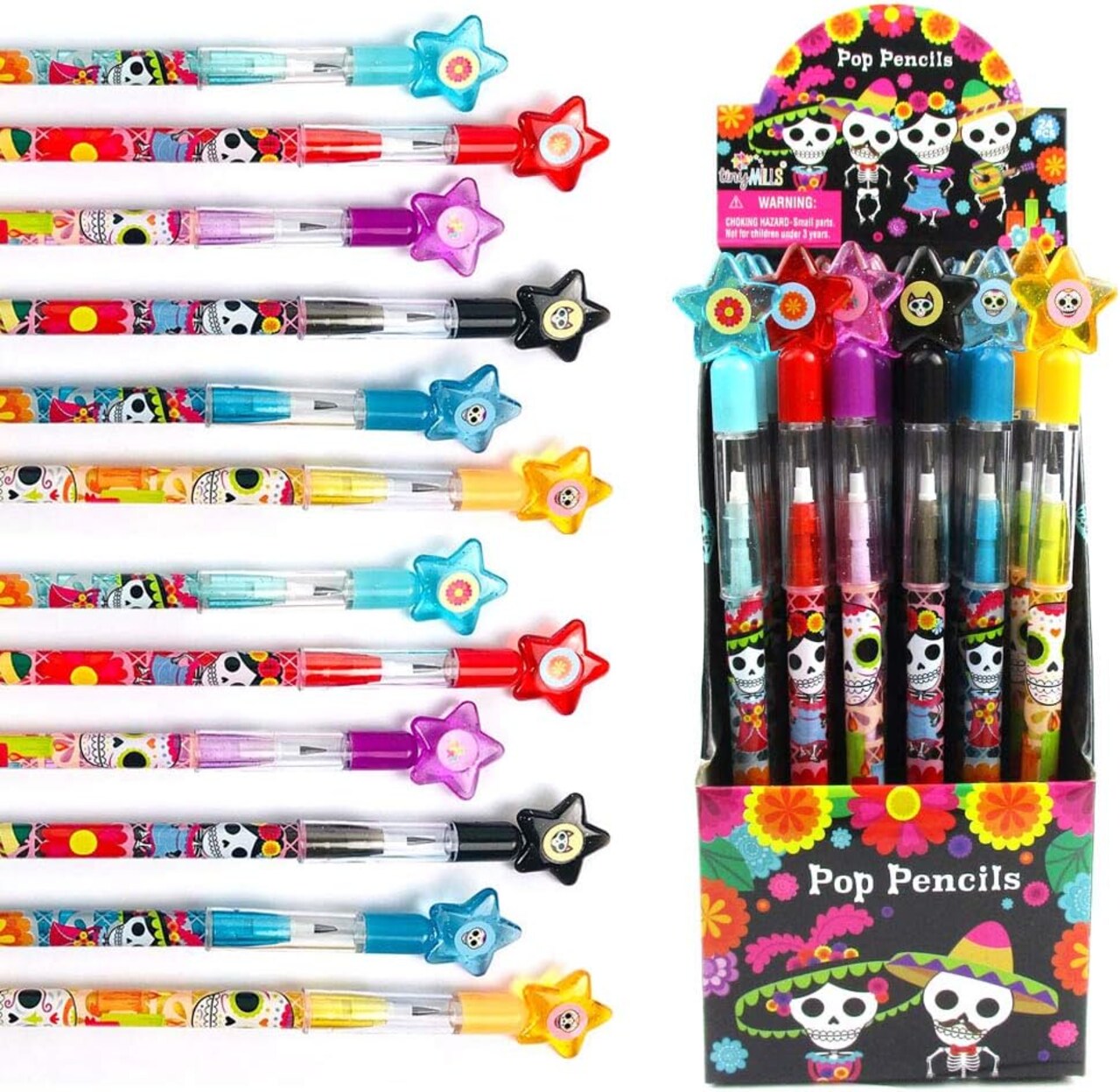 TINYMILLS 24 Pcs Day of the Dead Halloween Multi Point Stackable Pencil with Eraser for Halloween Party Favor Prize Carnival Goodie Bag Stuffers Pinata Fillers
